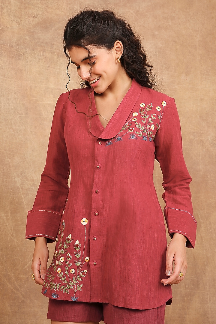Earthy Red Linen Floral Embroidered Shirt by The Right Cut at Pernia's Pop Up Shop