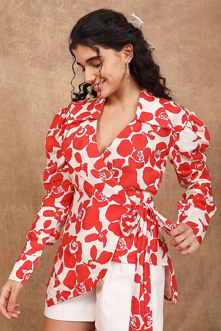Orange & White Linen Silk Abstract Printed Jacket by The Right Cut at Pernia's Pop Up Shop
