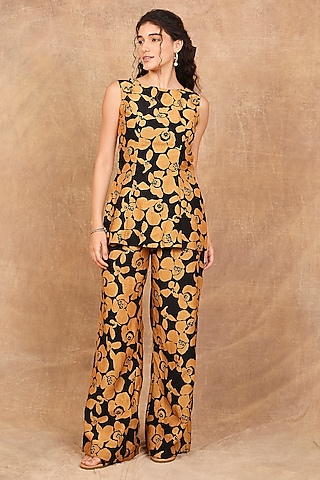 Mustard & Black Linen Silk Abstract Printed Co-Ord Set by The Right Cut