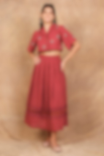 Earthy Red Linen Floral Embroidered Co-Ord Set by The Right Cut at Pernia's Pop Up Shop