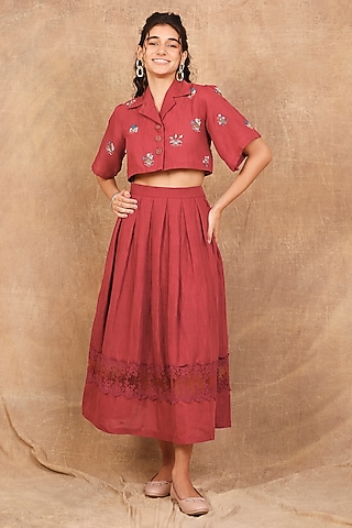 Earthy Red Linen Floral Embroidered Co-Ord Set by The Right Cut