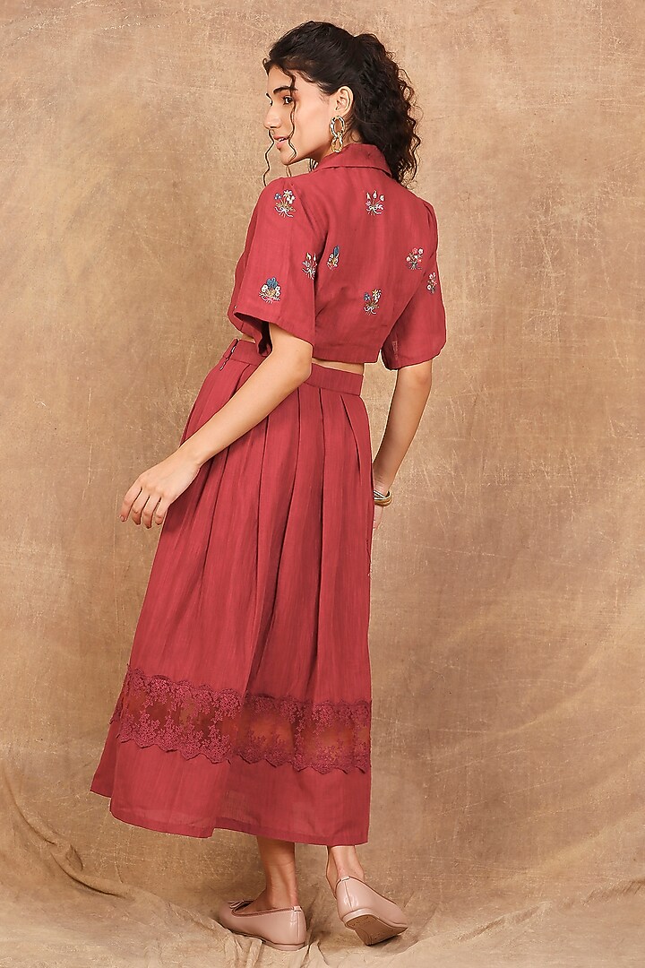 Earthy Red Linen Floral Embroidered Co-Ord Set by The Right Cut at Pernia's Pop Up Shop