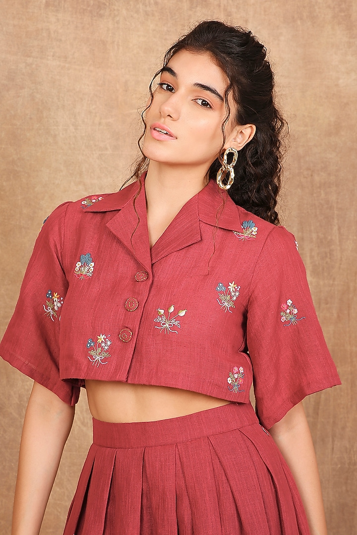 Earthy Red Linen Floral Embroidered Co-Ord Set by The Right Cut at Pernia's Pop Up Shop