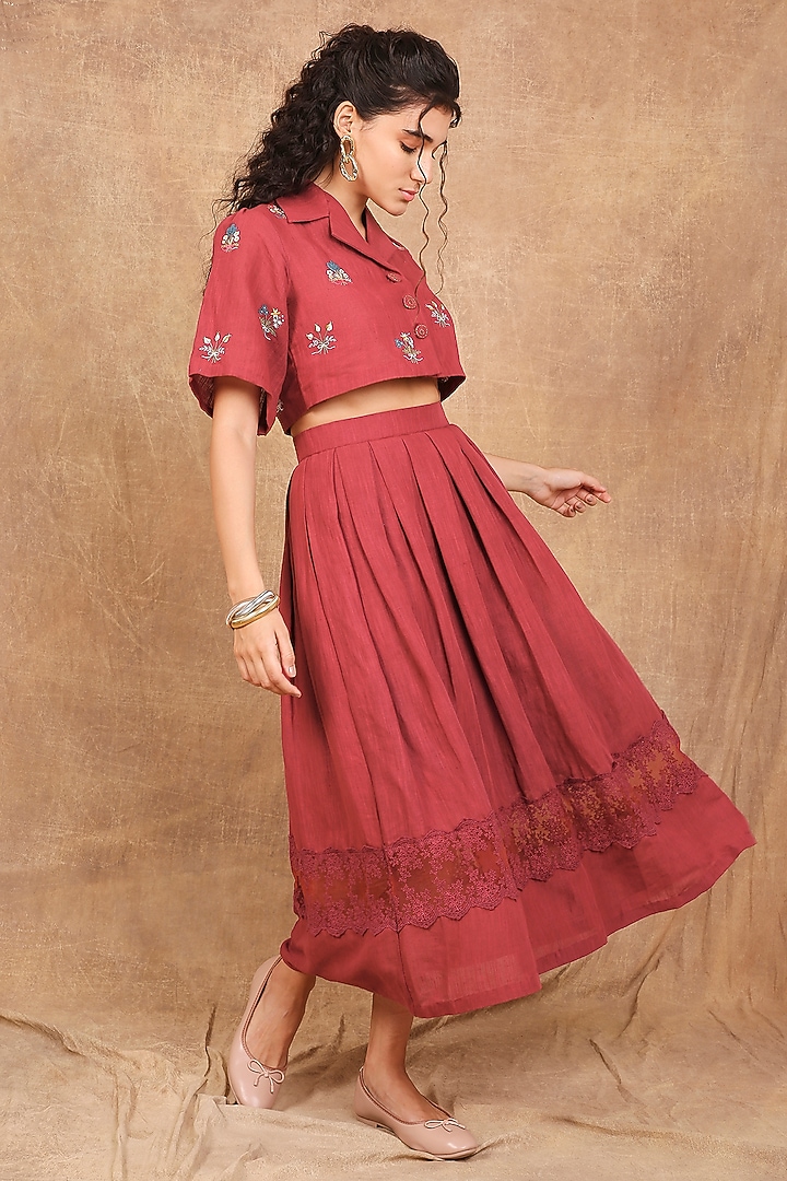 Earthy Red Linen Floral Embroidered Co-Ord Set by The Right Cut at Pernia's Pop Up Shop