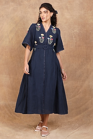 Indigo Linen Floral Motif Embroidered Maxi Dress by The Right Cut