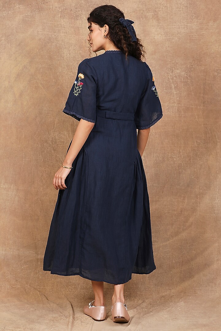 Indigo Linen Floral Motif Embroidered Maxi Vacation Dress by The Right Cut at Pernia's Pop Up Shop