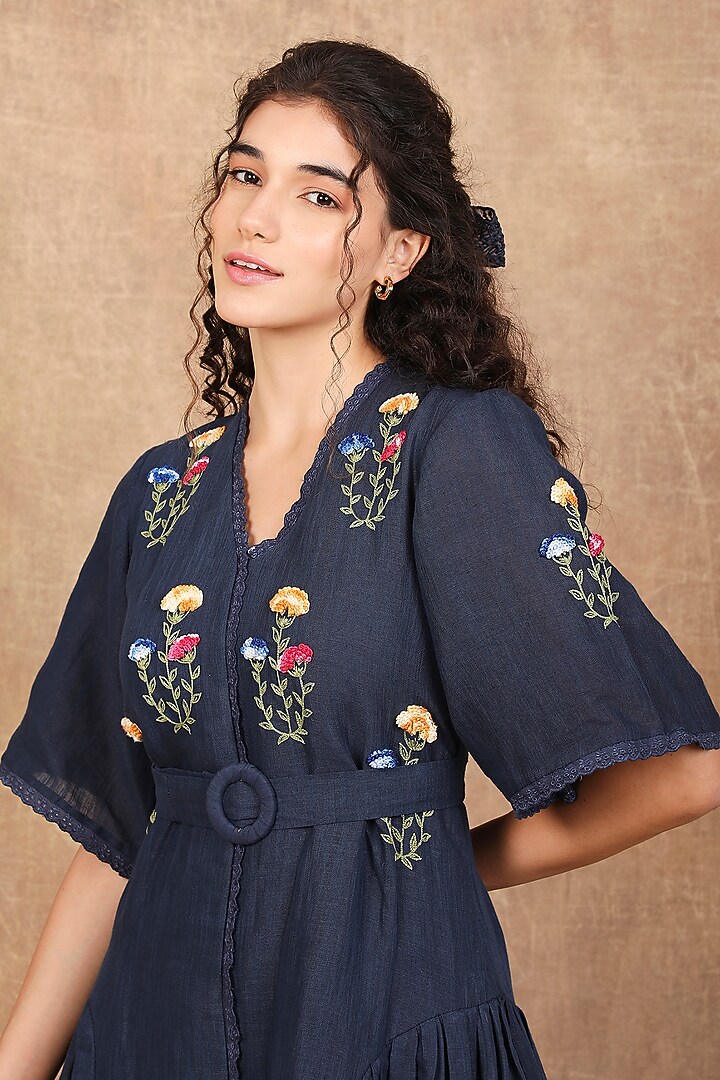 Indigo Linen Floral Motif Embroidered Maxi Vacation Dress by The Right Cut at Pernia's Pop Up Shop