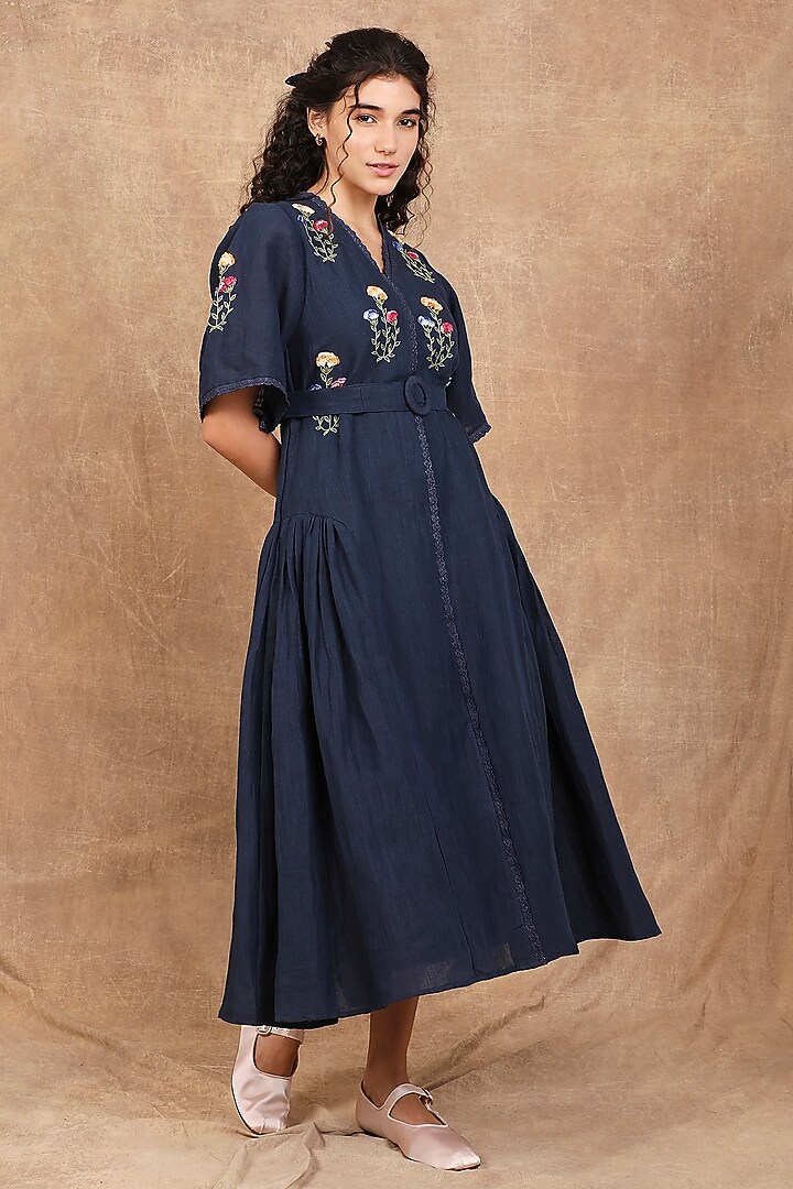 Indigo Linen Floral Motif Embroidered Maxi Vacation Dress by The Right Cut at Pernia's Pop Up Shop