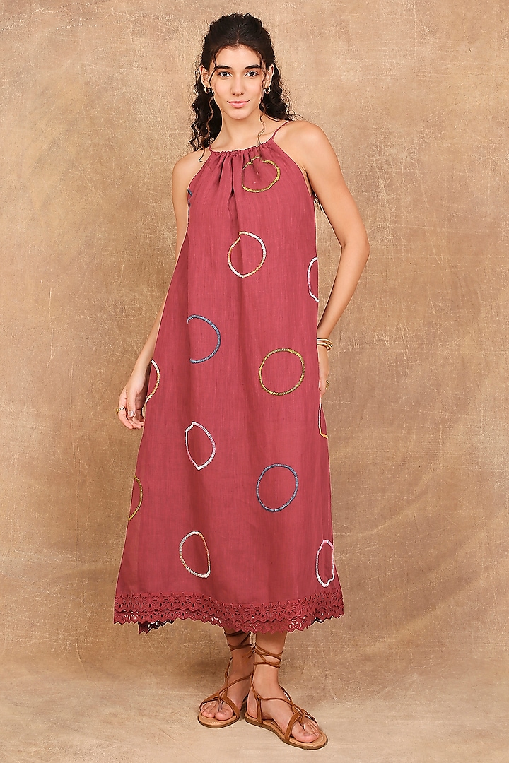 Earthy Red Linen Embroidered Maxi Dress by The Right Cut