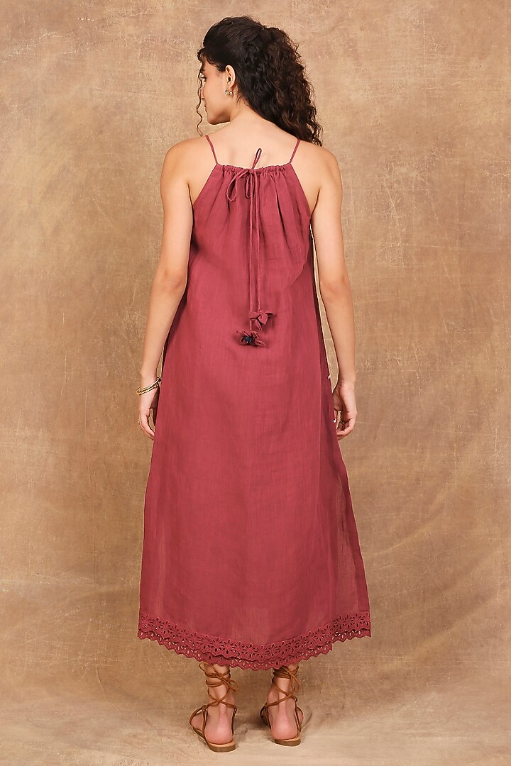Earthy Red Linen Embroidered Maxi Summer Dress by The Right Cut at Pernia's Pop Up Shop