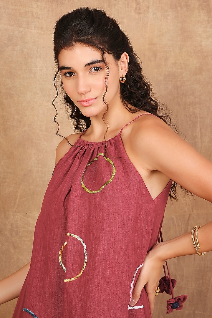 Earthy Red Linen Embroidered Maxi Summer Dress by The Right Cut at Pernia's Pop Up Shop
