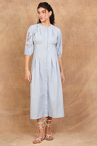 Ice Blue Organic Cotton Floral Embroidered Maxi Dress by The Right Cut