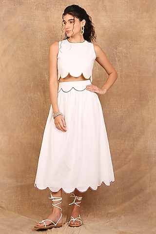 White Organic Cotton Cutwork Embroidered Scalloped Co-Ord Set by The Right Cut
