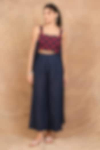 Indigo & Earthy Red Linen Floral Embroidered Co-Ord Set by The Right Cut at Pernia's Pop Up Shop