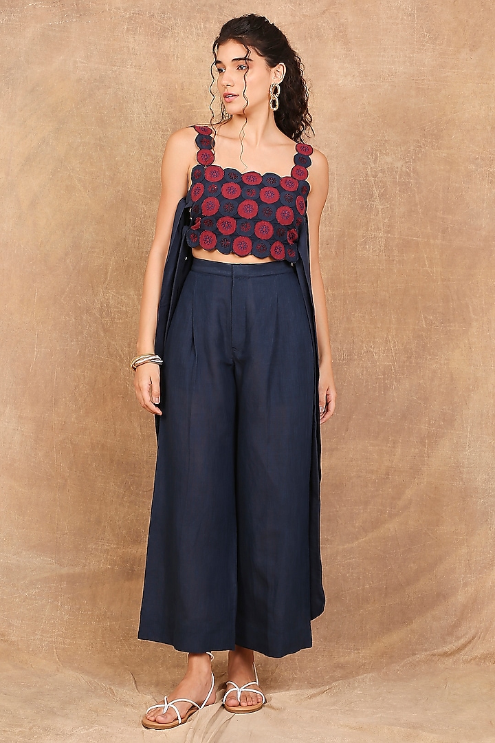 Indigo & Earthy Red Linen Floral Embroidered Co-Ord Set by The Right Cut at Pernia's Pop Up Shop