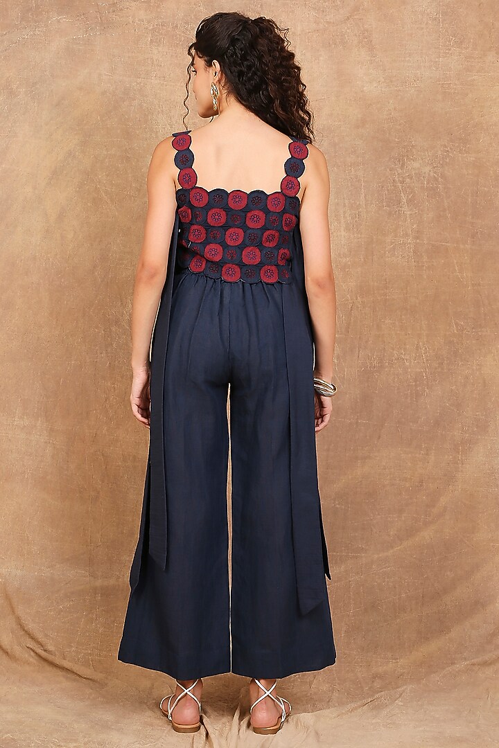 Indigo & Earthy Red Linen Floral Embroidered Co-Ord Set by The Right Cut at Pernia's Pop Up Shop