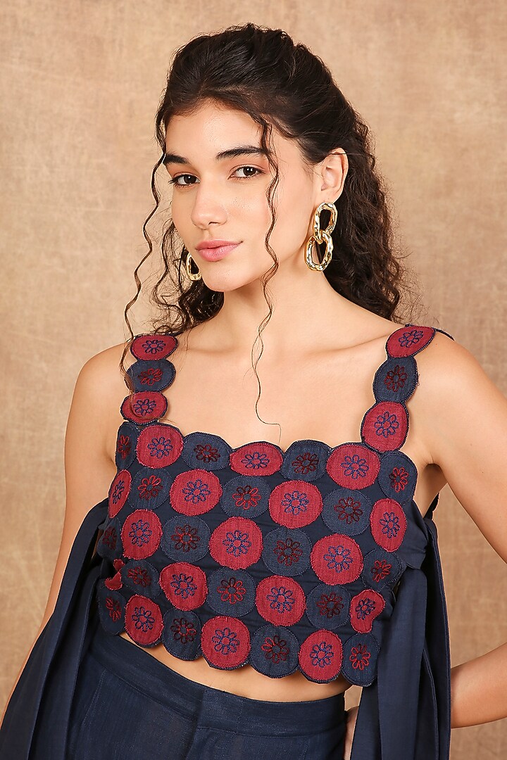 Indigo & Earthy Red Linen Floral Embroidered Co-Ord Set by The Right Cut at Pernia's Pop Up Shop