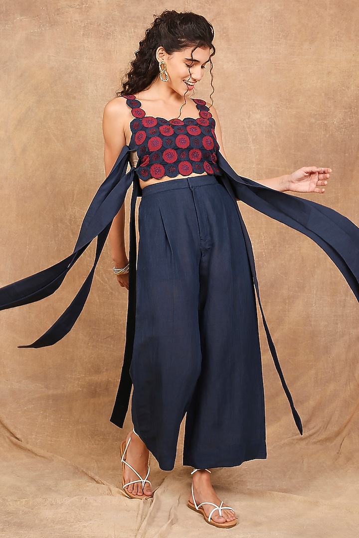 Indigo & Earthy Red Linen Floral Embroidered Co-Ord Set by The Right Cut at Pernia's Pop Up Shop