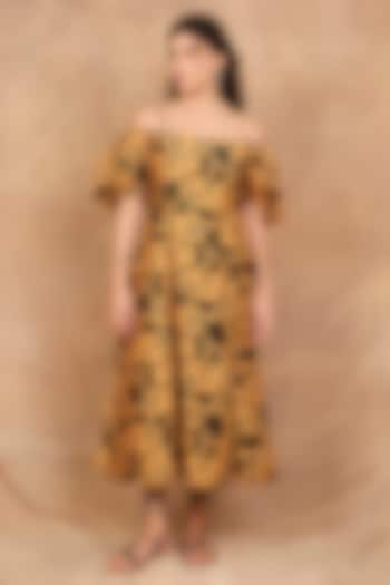 Mustard & Black Linen Silk Printed Maxi Dress by The Right Cut at Pernia's Pop Up Shop