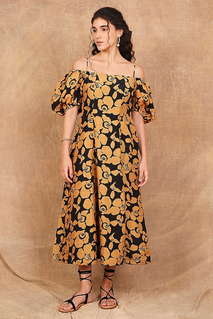 Mustard & Black Linen Silk Printed Maxi Dress by The Right Cut at Pernia's Pop Up Shop