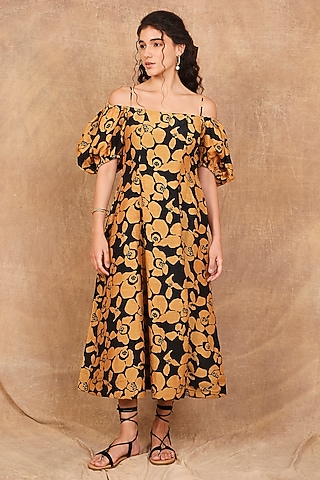 Mustard & Black Linen Silk Printed Maxi Dress by The Right Cut
