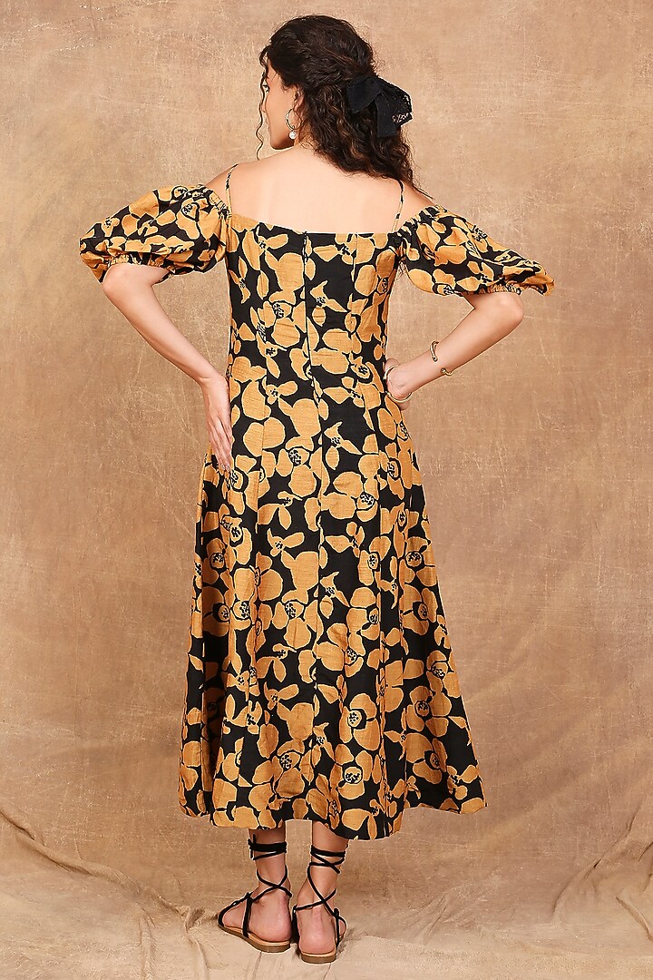 Mustard & Black Linen Silk Printed Maxi Summer Dress by The Right Cut at Pernia's Pop Up Shop
