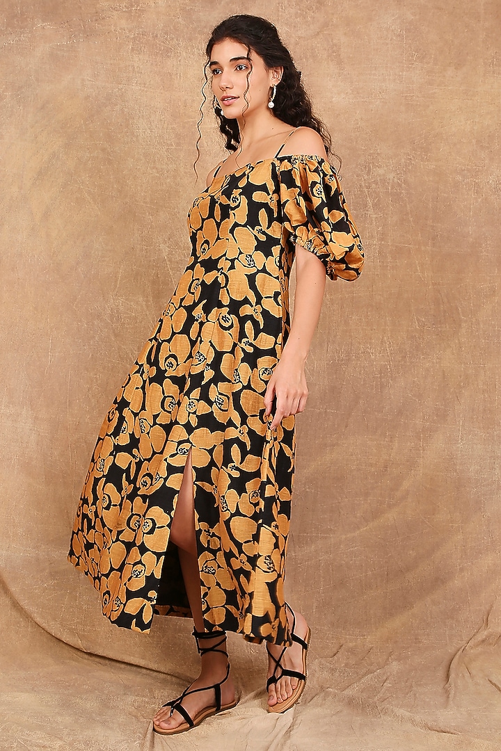 Mustard & Black Linen Silk Printed Maxi Summer Dress by The Right Cut at Pernia's Pop Up Shop