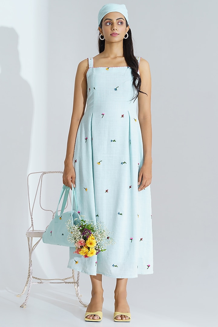 Sky Blue Floral Embroidered Dress by The Right Cut