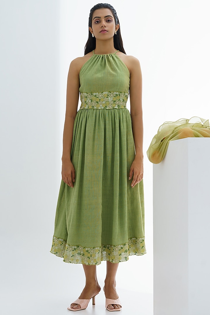 Moss Green Hand Embroidered Dress by The Right Cut