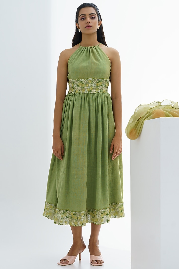Moss Green Hand Embroidered Vacation Dress by The Right Cut at Pernia's Pop Up Shop