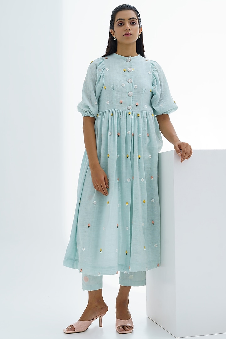 Sky Blue Hand Embroidered Tunic Set by The Right Cut