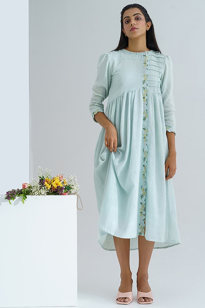 Sky Blue Floral Embroidered Dress by The Right Cut