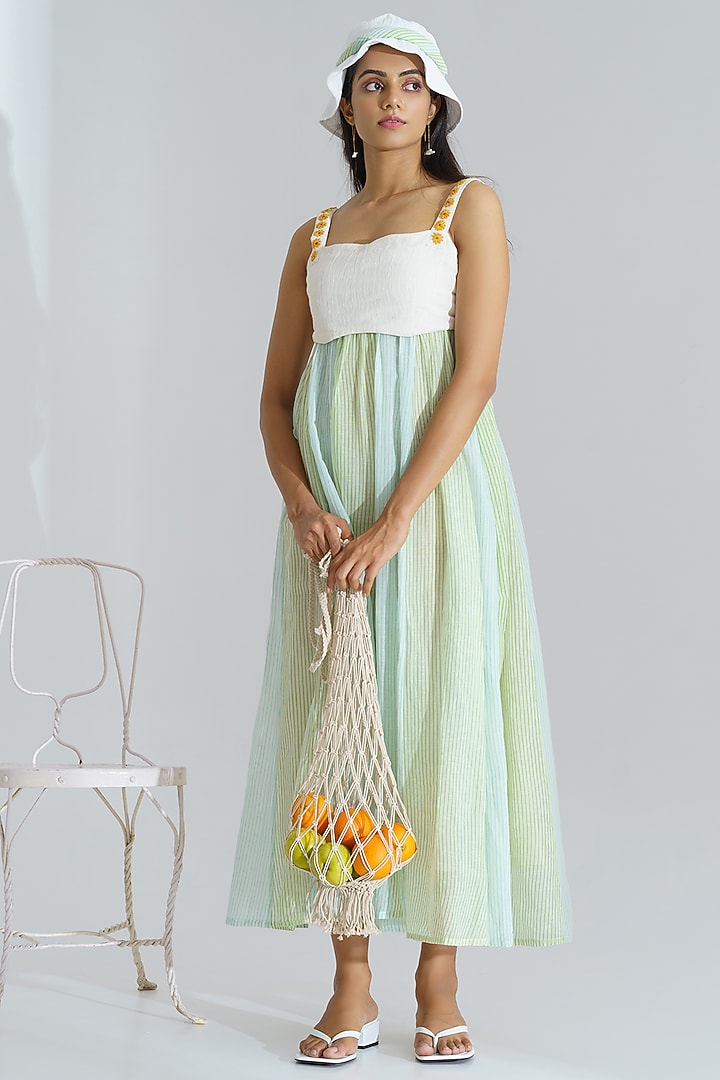 Green & Blue Striped & Embroidered Summer Dress by The Right Cut at Pernia's Pop Up Shop