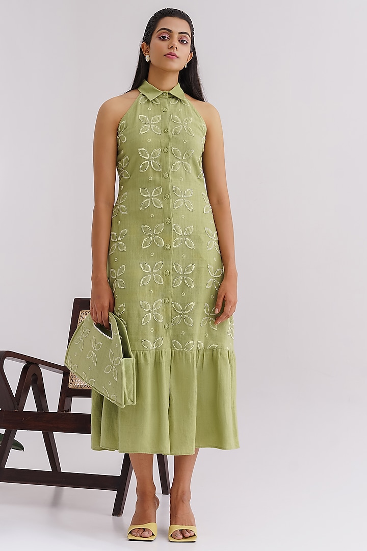 Moss Green Embroidered Dress by The Right Cut