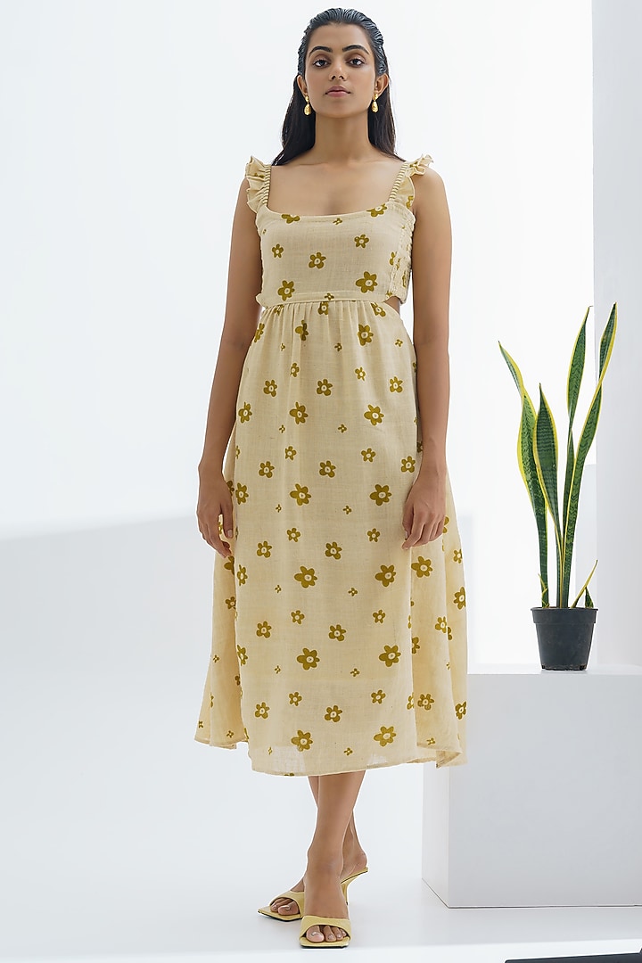 Beige Hand Block Printed Summer Dress by The Right Cut at Pernia's Pop Up Shop