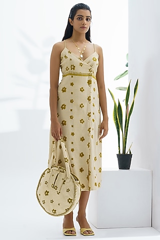Beige Floral Hand Block Printed Dress by The Right Cut