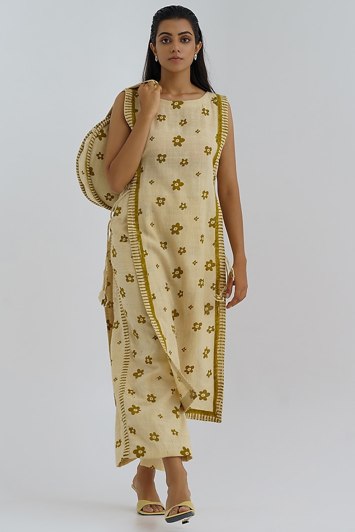 Beige Hand Printed Kurta Set by The Right Cut