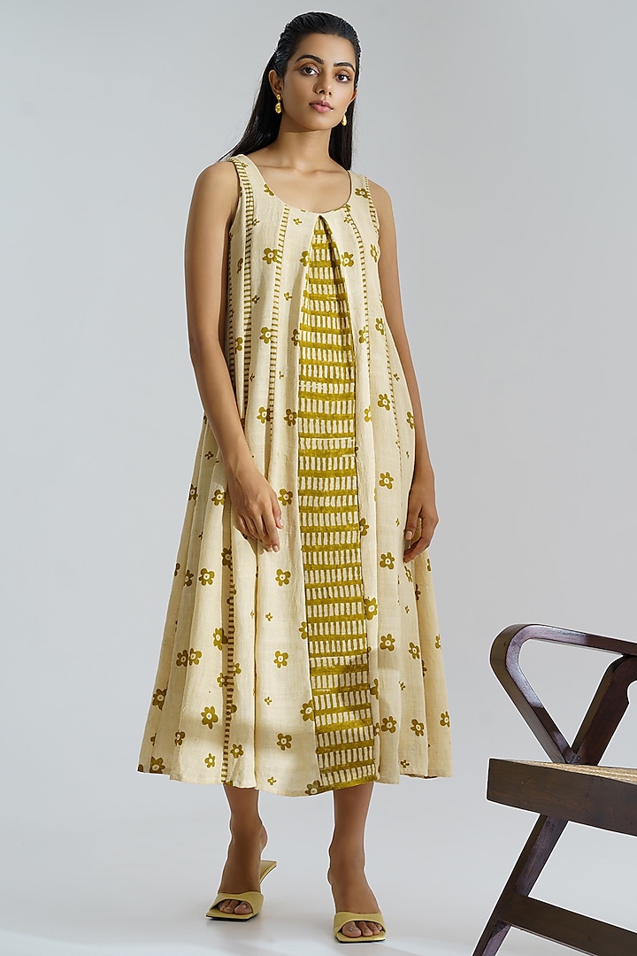 Beige Block Printed Dress by The Right Cut