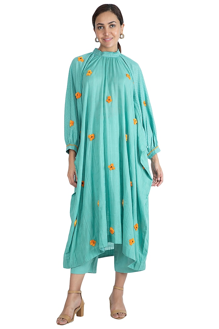 Turquoise Embroidered Kurta With Trouser Pants & Inner by The Right Cut