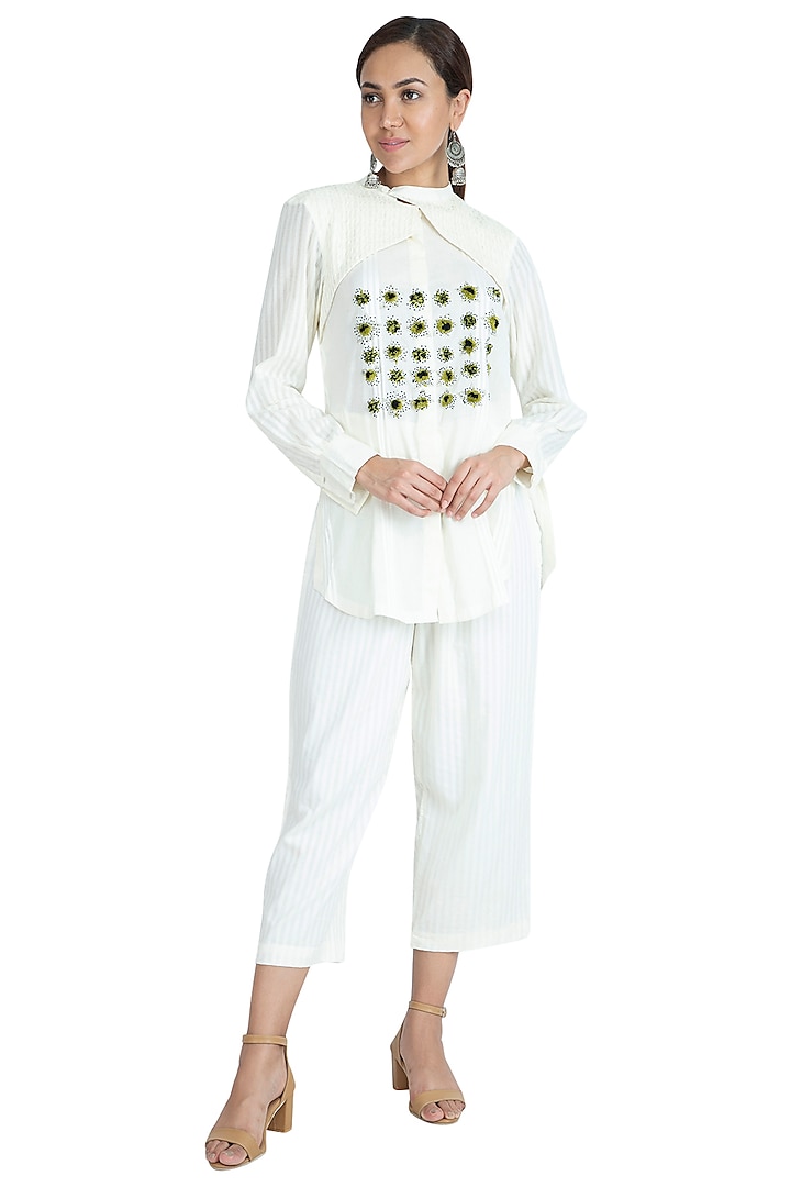 White Embroidered Top With Pants by The Right Cut