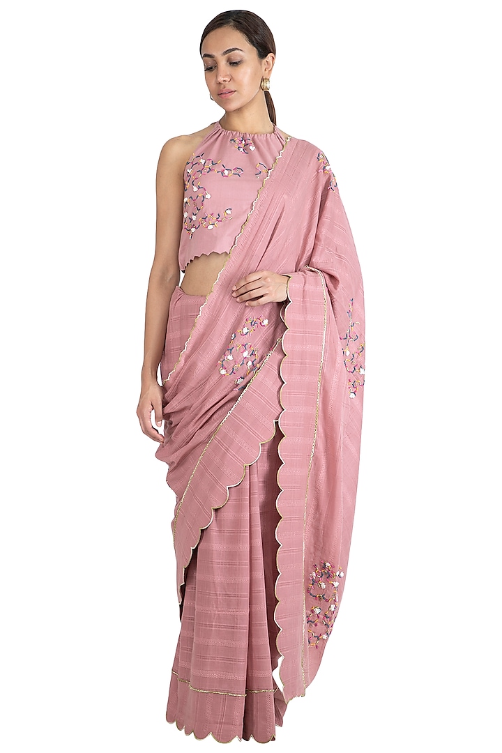 Pink Hand Embroidered Saree Set by The Right Cut