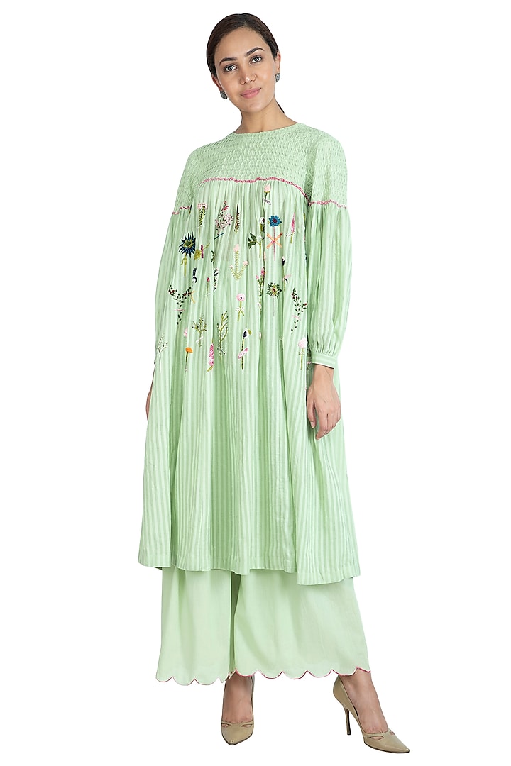 Mint Green Embroidered Kurta With Sharara Pants by The Right Cut