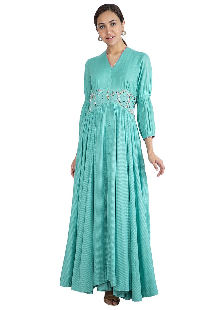 Turquoise Hand Embroidered Summer Dress by The Right Cut at Pernia's Pop Up Shop