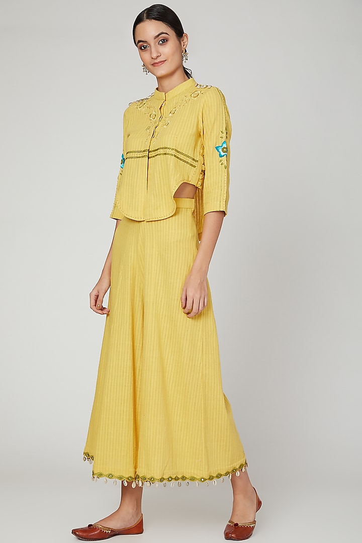 Turmeric Yellow Embroidered Top With Palazzo Pants by The Right Cut