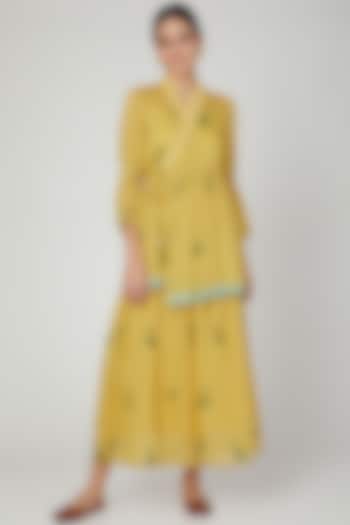 Tumeric Yellow Printed & Embroidered Skirt Set by The Right Cut