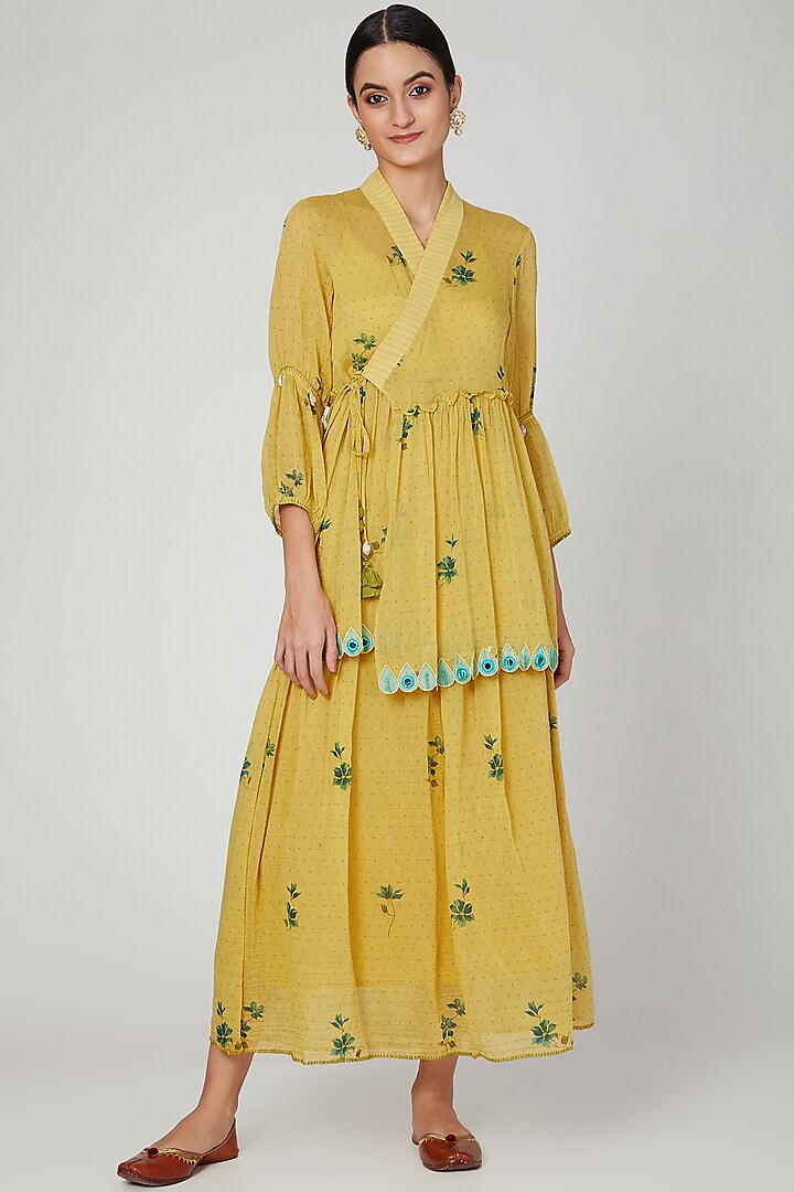 Tumeric Yellow Printed & Embroidered Skirt Set by The Right Cut