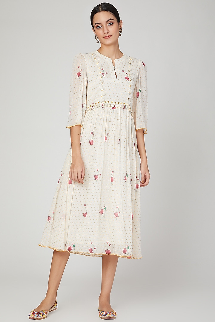 Ivory Embroidered & Printed Dress by The Right Cut