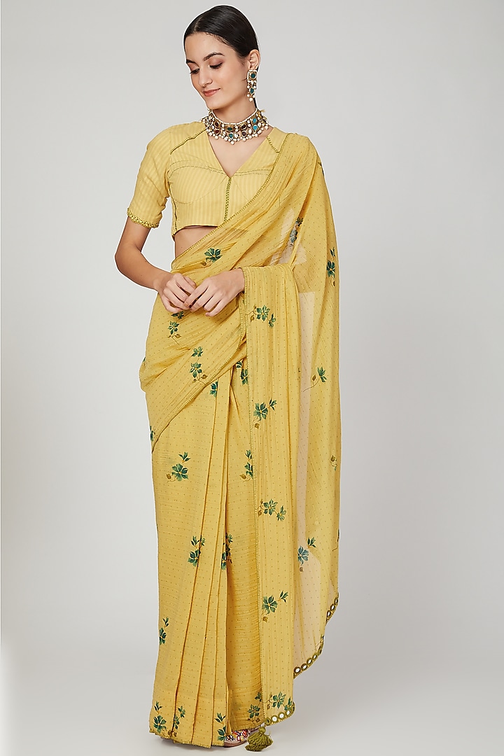 Tumeric Yellow Embroidered Saree Set by The Right Cut