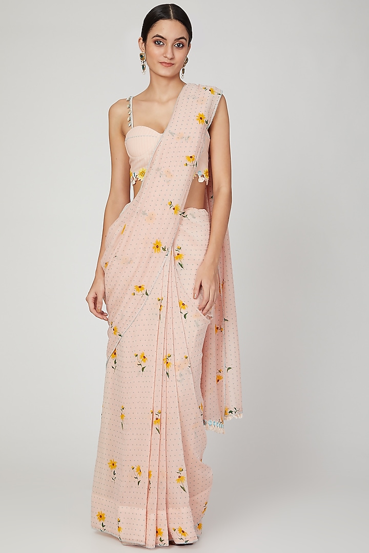 Blush Pink Embroidered Saree Set by The Right Cut