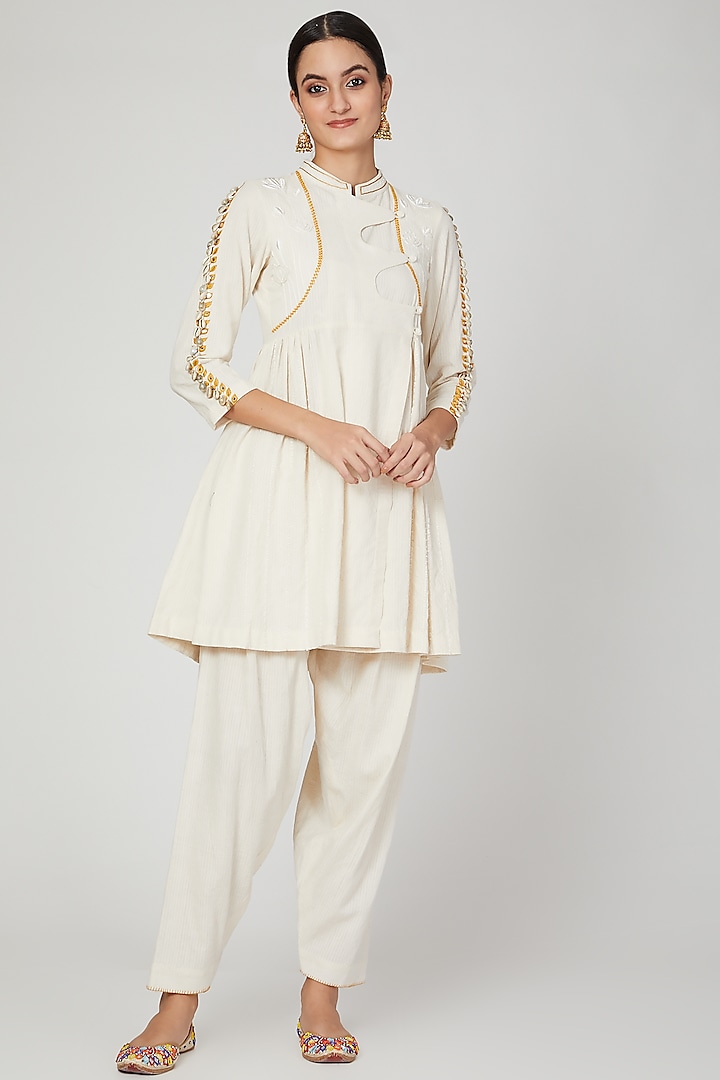 Ivory Embroidered Angrakha Kurta Set by The Right Cut